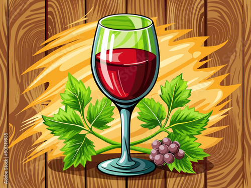 Cartoon vector illustration of red wine glass with leaves and grapes, wooden isolated background