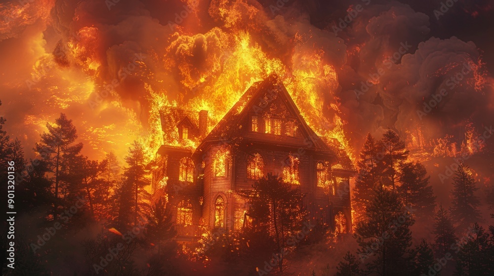 House Burning Fiercely Under Twilight Sky House Burning Fiercely Under Twilight Sky