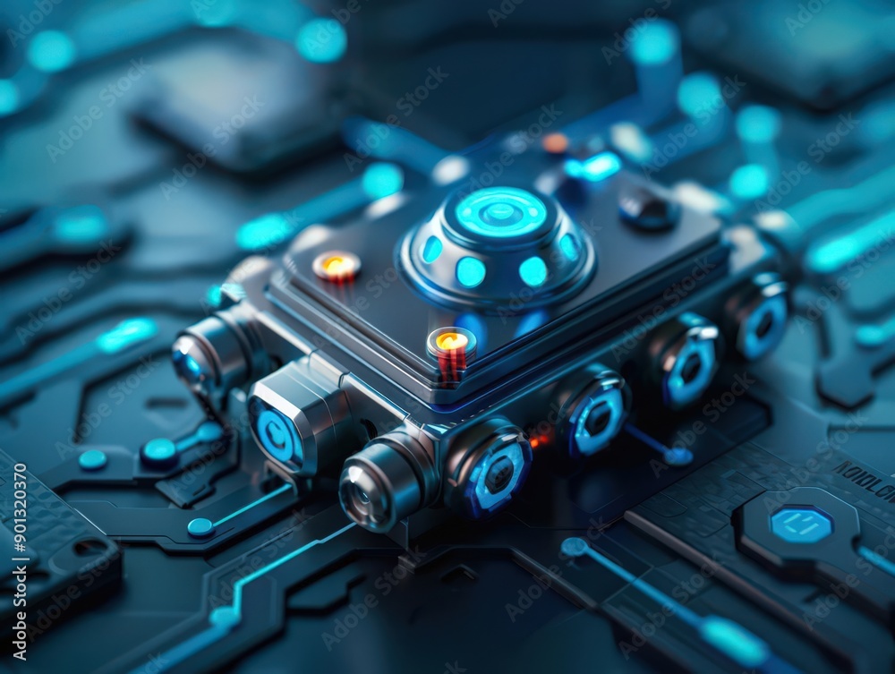 Futuristic robot component on a circuit board, illuminated by vibrant blue lights, showcasing advanced technology and design. Futuristic robot component on a circuit board, illuminated by vibrant blue lights, showcasing advanced technology and design.