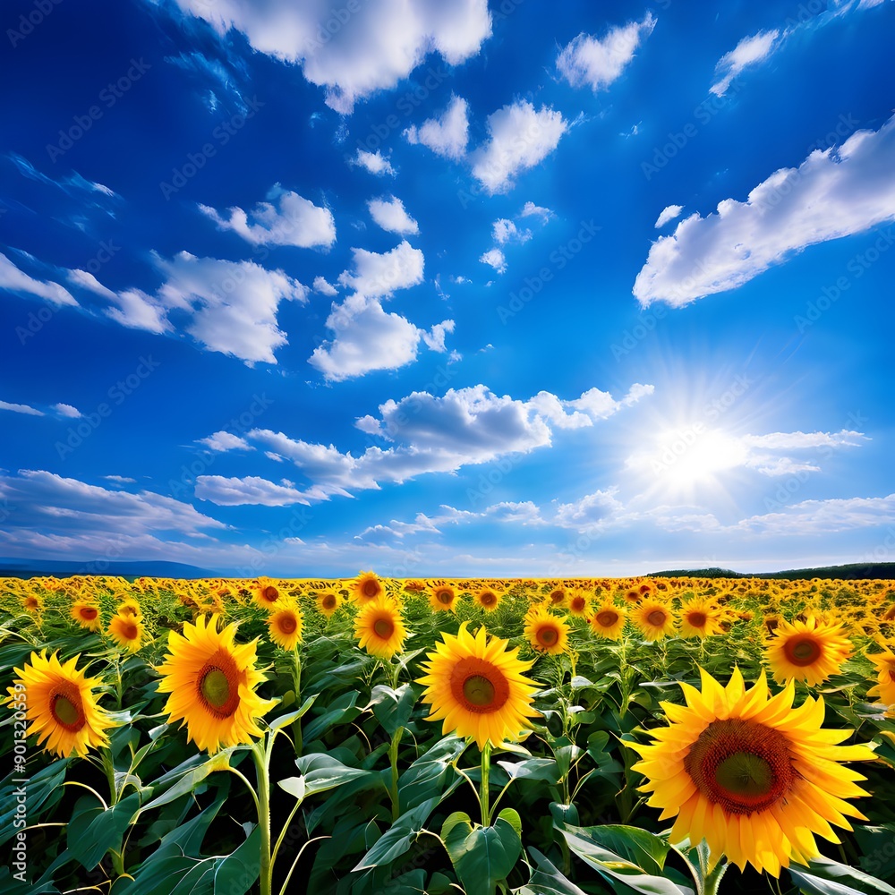 Obraz premium Field of Sunflowers in Bloom, field of sunflowers, full bloom, yellow petals, bright blue sky, summer, vibrant