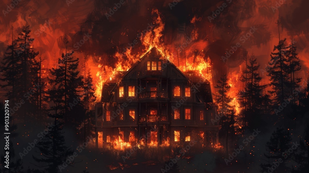 House Burning Fiercely Under Twilight Sky House Burning Fiercely Under Twilight Sky