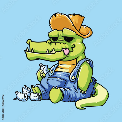 Cute Crocodile Eat junk food Cartoon character Vector