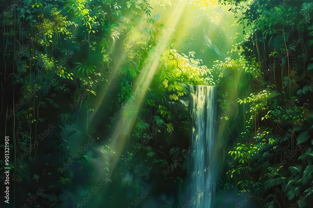 Fototapeta premium Lush Green Waterfall in Dense Overgrown Jungle with Bright Light Rays