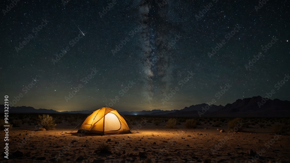A desert at night, with a sky full of stars, a tent and a campfire in the distance. A desert at night, with a sky full of stars, a tent and a campfire in the distance.