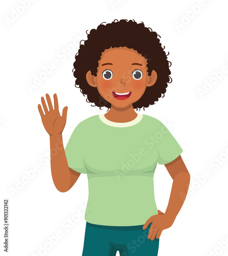 Young African woman with hand on waist waving hand saying hello nice to meet you welcoming people with greeting gesture 