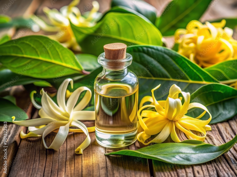 Exquisite still life arrangement showcasing a small glass vial filled with golden ylang-ylang essential oil, surrounded by lush green leaves and delicate white flowers. Exquisite still life arrangement showcasing a small glass vial filled with golden ylang-ylang essential oil, surrounded by lush green leaves and delicate white flowers.
