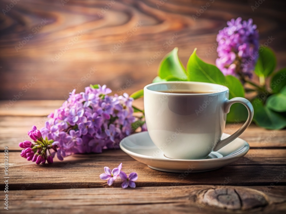 Serene still life composition featuring a plain white coffee mug situated on a rustic wooden table, adorned with a delicate lilac flower in soft focus. Serene still life composition featuring a plain white coffee mug situated on a rustic wooden table, adorned with a delicate lilac flower in soft focus.
