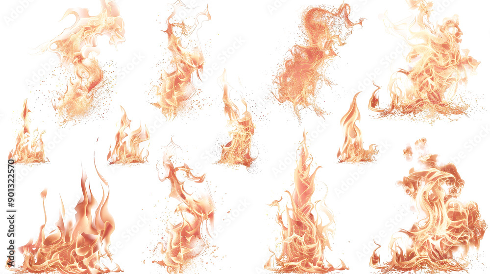 Various stylized flame illustrations of different sizes and shapes, burning vividly against a white background, creating an intense and dynamic visual effect. Various stylized flame illustrations of different sizes and shapes, burning vividly against a white background, creating an intense and dynamic visual effect.