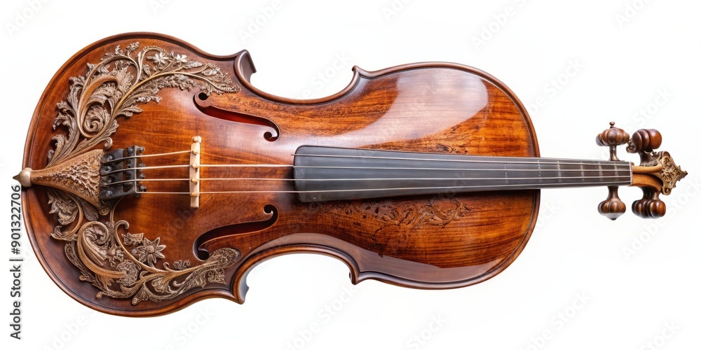 Fototapeta premium Elegant historic viola da gamba with intricate carvings and ornate details, isolated on transparent background, showcasing its beauty and craftsmanship.