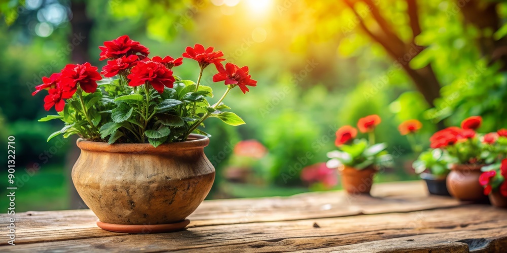 Vibrant red flowers bloom in a small ceramic pot on a rustic wooden table, surrounded by lush greenery and natural stone, evoking cozy ambiance. Vibrant red flowers bloom in a small ceramic pot on a rustic wooden table, surrounded by lush greenery and natural stone, evoking cozy ambiance.