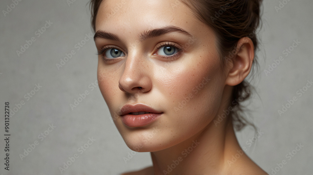 A side profile portrait of a young woman with freckles and natural makeup, emphasizing her delicate and flawless complexion.