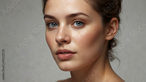 A side profile portrait of a young woman with freckles and natural makeup, emphasizing her delicate and flawless complexion.