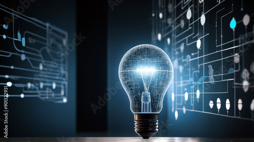 Light bulb with flowing data streams, representing AI in visual recognition systems. Innovative, futuristic concept art for technology enthusiasts