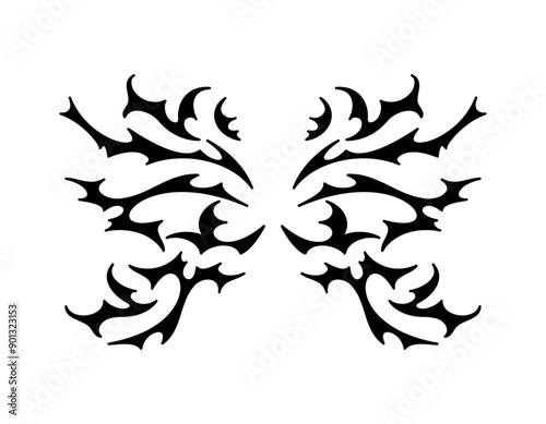 Neo tribal y2k tattoo, butterfly shape. Cyber sigilism style hand drawn ornaments. Vector illustration of black emo gothic tribal tattoo designs