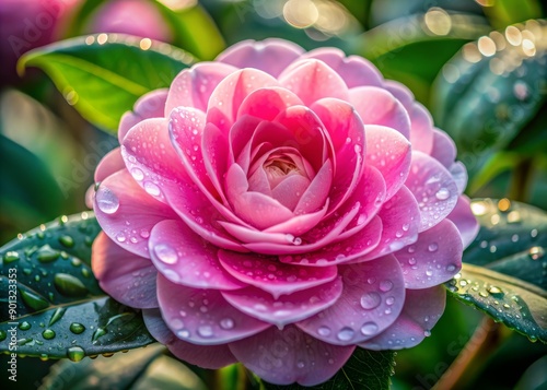 Delicate pink petals of a camellia flower glisten with fresh rain drops, capturing the essence of serenity and beauty in this stunning close-up photograph. photo