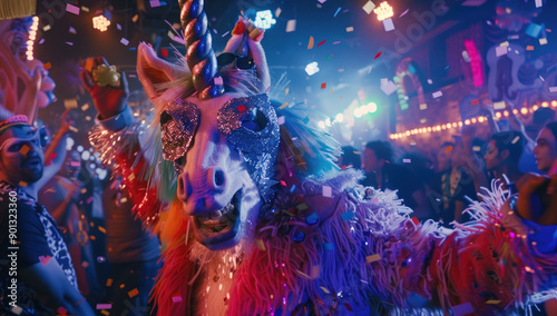 an anthropomorphic horse wearing rave and face paint dancing at a party with other people in the background, colorful lights creating a moody atmosphere © Kien