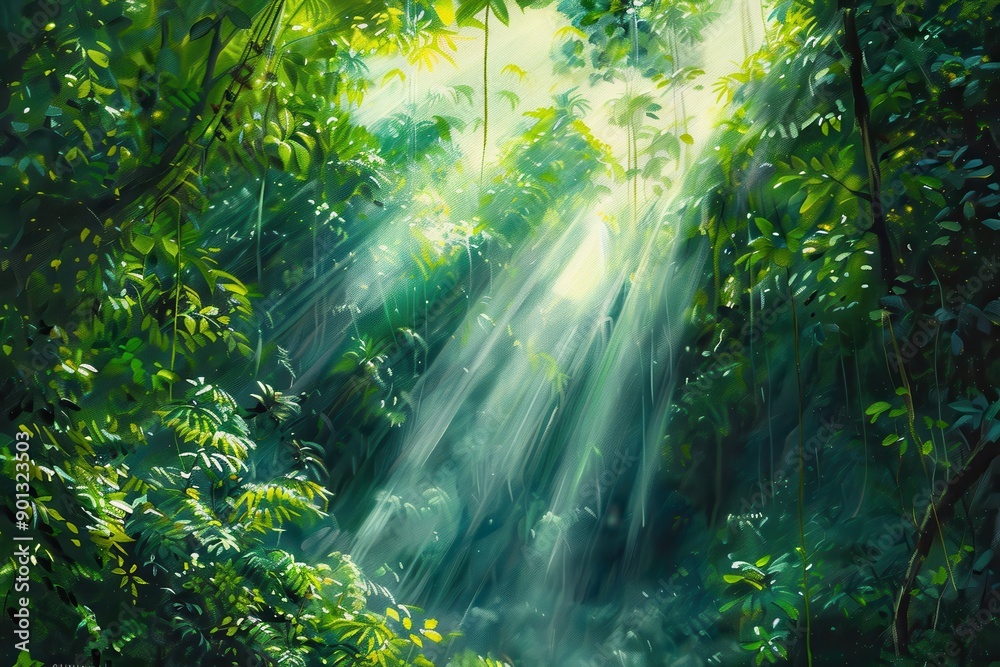 Fototapeta premium Lush Sunlight Filtering Through Dense Green Jungle Foliage