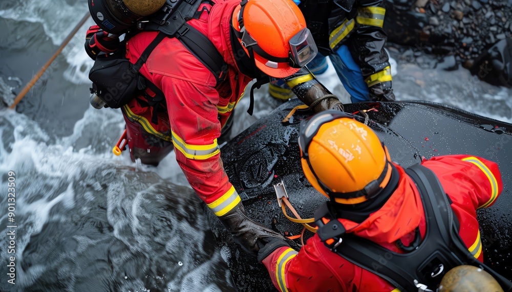 High-resolution photo of a team of firefighters working together with ...