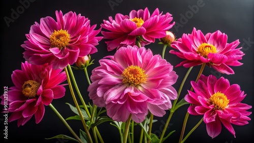Vibrant pink flowers with delicate, ruffled petals and yellow centers bloom on slender stems, illuminated against a dark, velvety black background. © Sirinporn