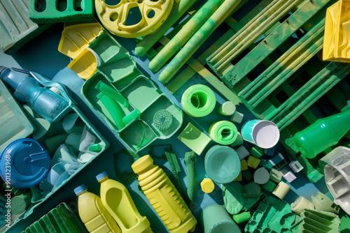 Recycled green and blue plastic, eco-friendly, green energy, microplastics, container＿Perfect background