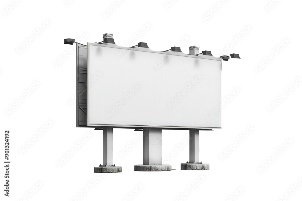 A blank white billboard standing on three supports, illuminated by five overhead lights, ready for advertising or informational content. A blank white billboard standing on three supports, illuminated by five overhead lights, ready for advertising or informational content.