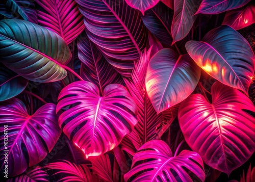 Vibrant neon pink illumination casts an ethereal glow on lush, exotic tropical leaves, set against a natural, textured foliage background, perfect for postcard and book illustrations. © Sirinporn