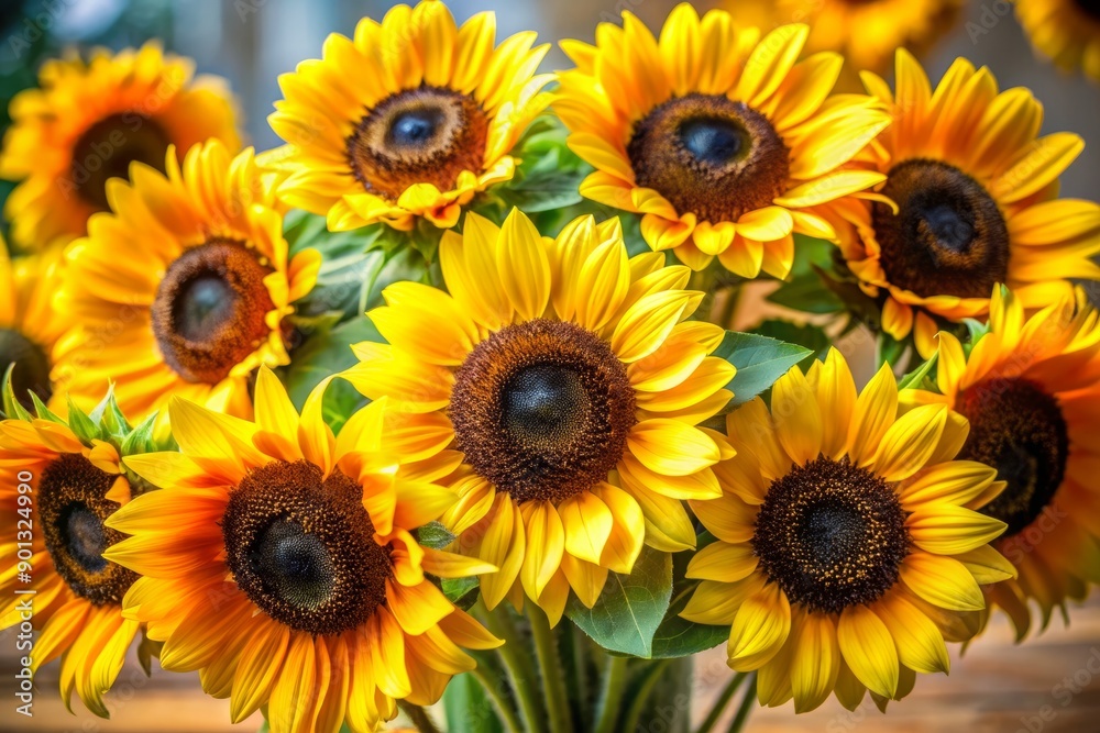 Vibrant bright yellow sunflowers with big dark centers and delicate petals stand tall, freshly cut and arranged in a beautiful bouquet against a clear background. Vibrant bright yellow sunflowers with big dark centers and delicate petals stand tall, freshly cut and arranged in a beautiful bouquet against a clear background.