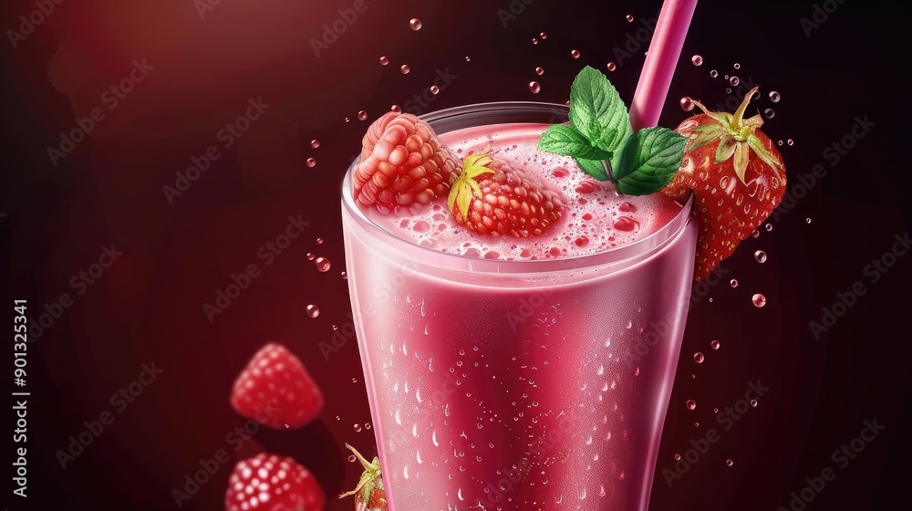 A refreshing strawberry smoothie in a glass with fresh strawberries and mint leaves on a dark background. A refreshing strawberry smoothie in a glass with fresh strawberries and mint leaves on a dark background.
