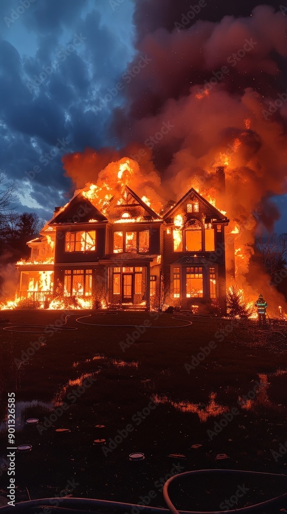 House Burning Fiercely Under Twilight Sky