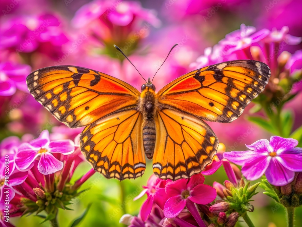 Vibrant orange and yellow butterfly perches on delicate pink creeping phlox flowers in a lush summer meadow, showcasing intricate wing patterns and nature's beauty. Vibrant orange and yellow butterfly perches on delicate pink creeping phlox flowers in a lush summer meadow, showcasing intricate wing patterns and nature's beauty.