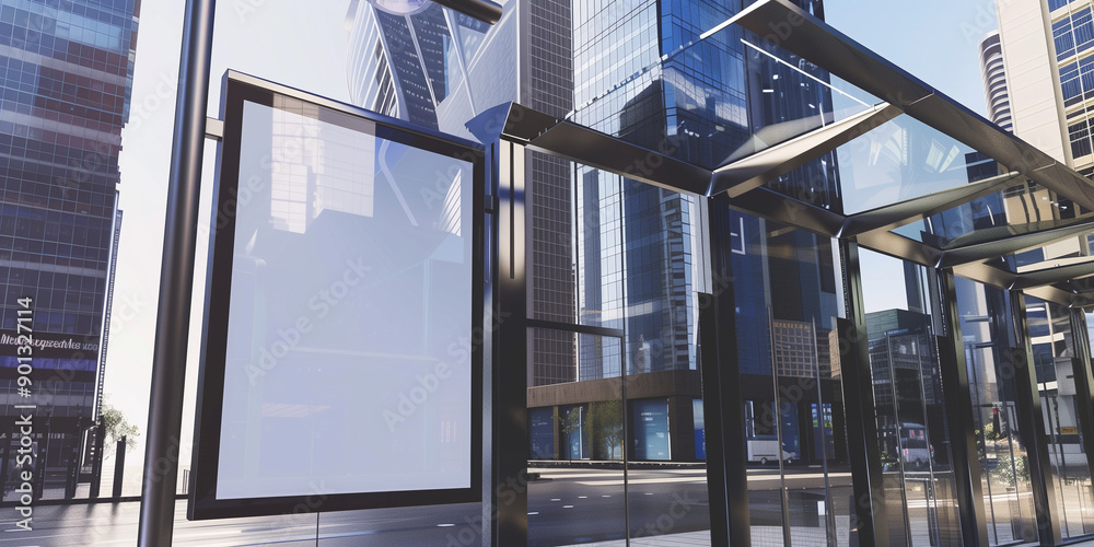 Naklejka premium high-quality image featuring an empty poster mockup displayed at a bus stop in a bustling modern city.