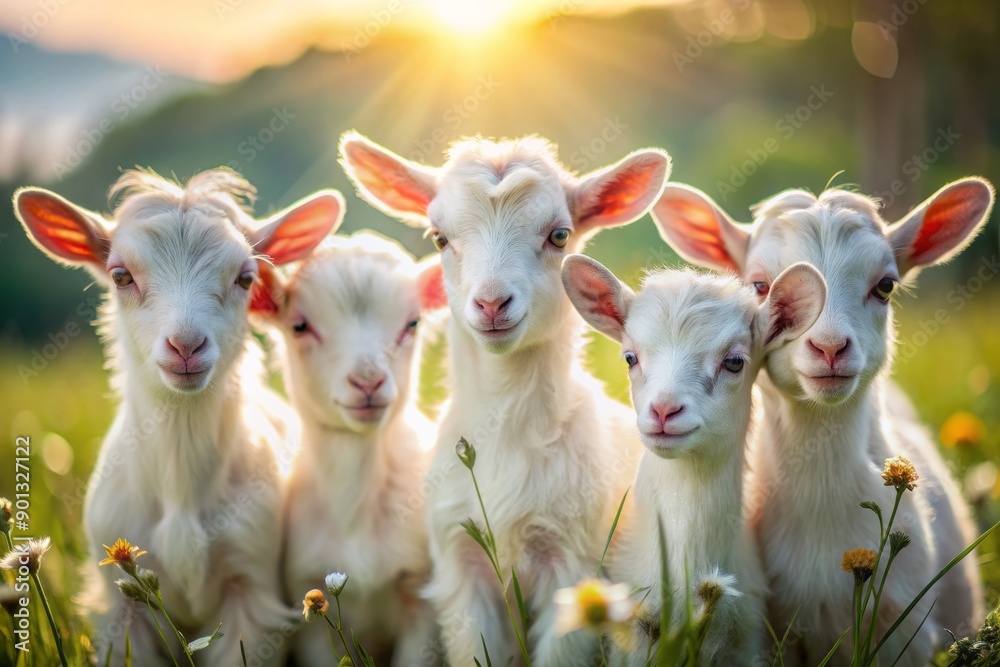 Adorable baby white goats with soft, fluffy fur gather together in a sunny meadow, their curious eyes and gentle antics capturing hearts everywhere.