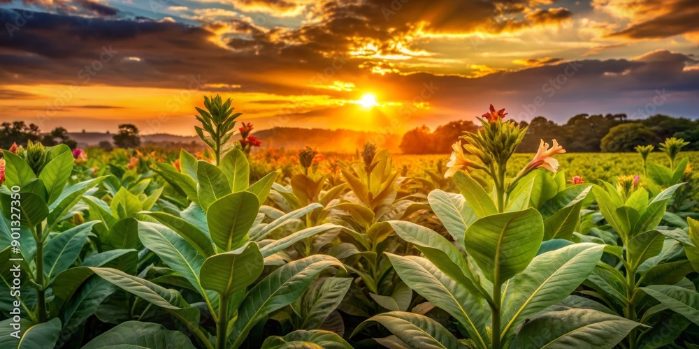 Golden hour illuminates lush green tobacco plants swaying gently in the breeze, set against a vibrant sunset sky with warm orange and pink hues. Golden hour illuminates lush green tobacco plants swaying gently in the breeze, set against a vibrant sunset sky with warm orange and pink hues.