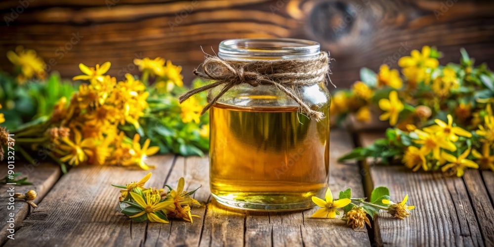 A rustic wooden background showcases a clear glass jar containing a golden liquid, the extracted essence of St. John's wort, surrounded by natural earthy tones. A rustic wooden background showcases a clear glass jar containing a golden liquid, the extracted essence of St. John's wort, surrounded by natural earthy tones.