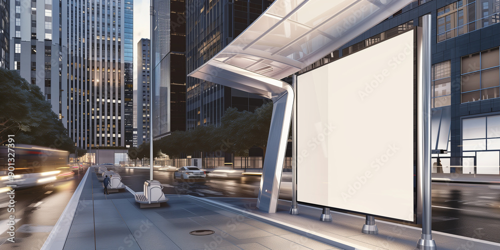 Fototapeta premium high-quality image featuring an empty poster mockup displayed at a bus stop in a bustling modern city.