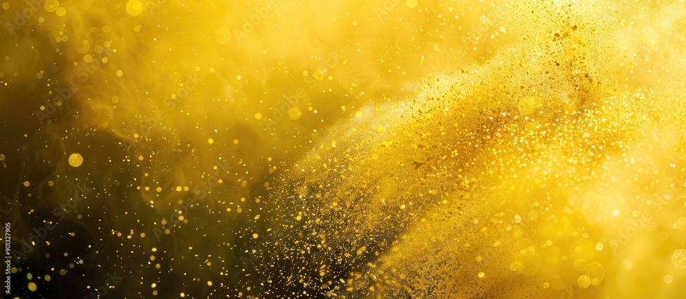 Freeze motion of yellow powder exploding in an abstract powder splattered background with yellow glitter texture ideal for copy space image Freeze motion of yellow powder exploding in an abstract powder splattered background with yellow glitter texture ideal for copy space image