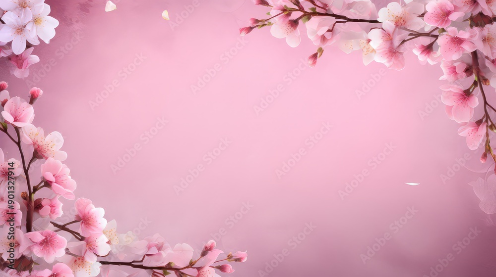Obraz premium Frame of Sprigs Sakura Cherry Blossoms on pink background.Holiday Concept of spring, 8 march, mother day, april, may, Persian new year.