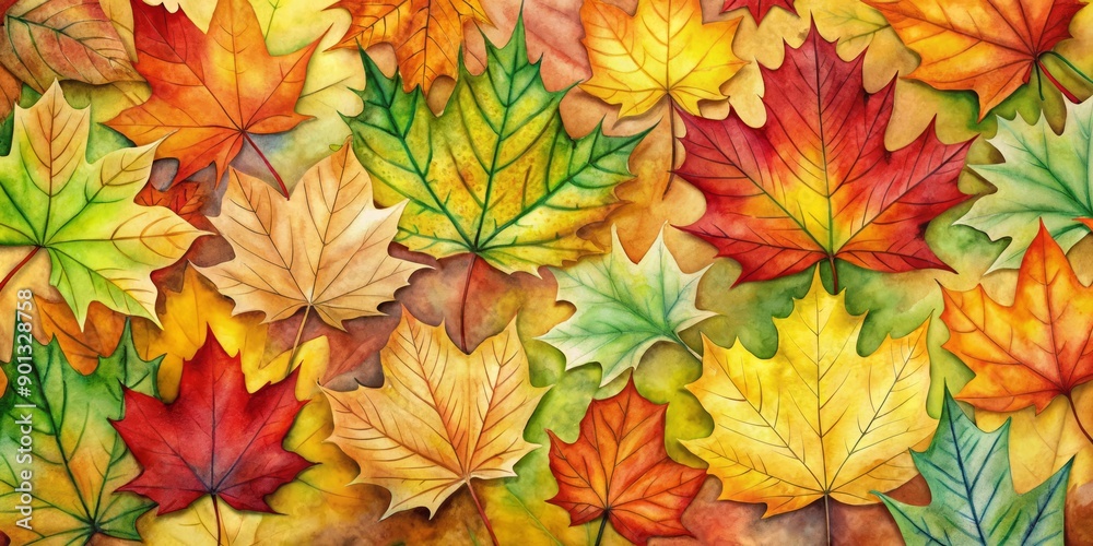 Vibrant watercolor autumn leaves in various shades of yellow, orange, red, and green, differing in shape and size, scattered randomly, evoking cozy seasonal atmosphere. Vibrant watercolor autumn leaves in various shades of yellow, orange, red, and green, differing in shape and size, scattered randomly, evoking cozy seasonal atmosphere.