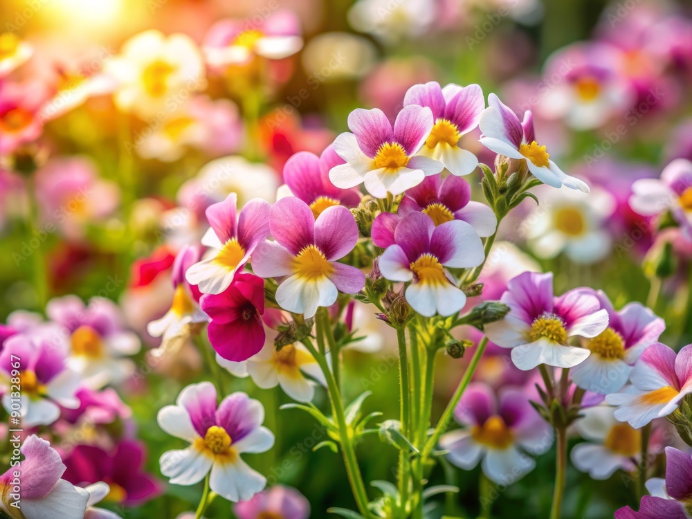 Obraz premium Vibrant nemesia flowers bloom in early spring, delicate petals in shades of pink, white, and yellow, swaying gently in the soft morning sunlight.