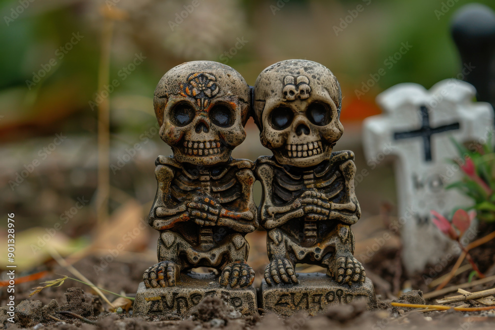 Fototapeta premium Two skeleton figurines standing together in a graveyard, surrounded by tombstones and autumn leaves, creating a spooky scene. 