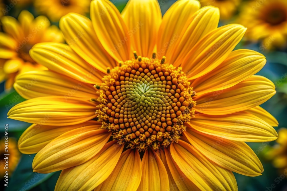 Vibrant yellow false heliopsis sunflower bloom fills the frame, showcasing intricate detailed texture and delicate petals from a top-down macro perspective, with copious space. Vibrant yellow false heliopsis sunflower bloom fills the frame, showcasing intricate detailed texture and delicate petals from a top-down macro perspective, with copious space.