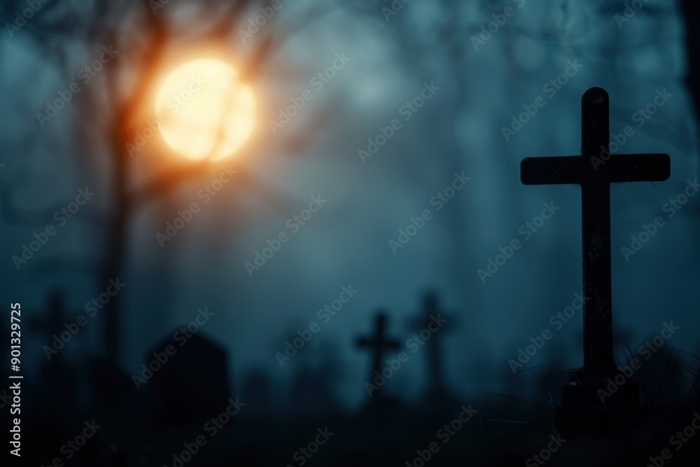Naklejka premium Eerie graveyard scene at night, with tombstones silhouetted against a full moon in a foggy atmosphere. 