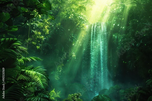 Lush Green Waterfall in Dense Tropical Rainforest with Bright Sunlight