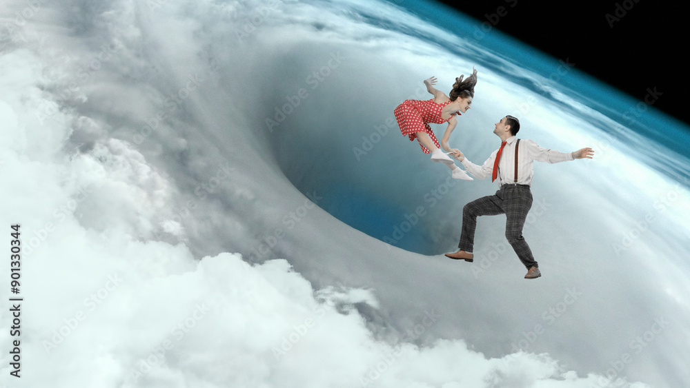 Poster. Contemporary art collage. Retro couple dances on the edge of a massive swirling vortex, suspended in mid-air in space. Concept of art, disco, party, retro fashion, happy and fun. Vintage. Poster. Contemporary art collage. Retro couple dances on the edge of a massive swirling vortex, suspended in mid-air in space. Concept of art, disco, party, retro fashion, happy and fun. Vintage.