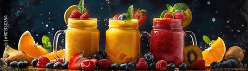 Colorful assortment of fresh fruit smoothies in mason jars, surrounded by a variety of fresh fruits on a dark background.