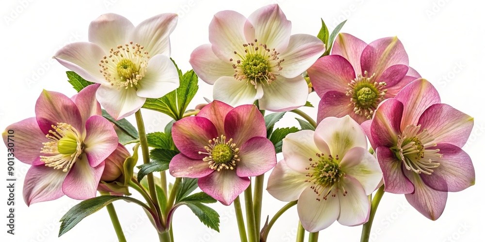 Delicate, nodding hellebore flowers in shades of pink and white, accompanied by tight buds, isolated on a transparent background, showcasing their intricate beauty. Delicate, nodding hellebore flowers in shades of pink and white, accompanied by tight buds, isolated on a transparent background, showcasing their intricate beauty.