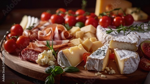 A tantalizing charcuterie board featuring an assortment of meats, cheeses, and fresh tomatoes, perfect for parties or gatherings.