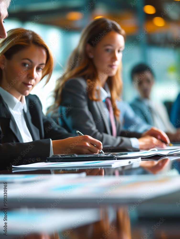 diverse businesspeople in a professional setting, gathered around a large conference table, analyzing charts, graphs, and financial reports, make strategic decisions for growth, futuristic style. diverse businesspeople in a professional setting, gathered around a large conference table, analyzing charts, graphs, and financial reports, make strategic decisions for growth, futuristic style.