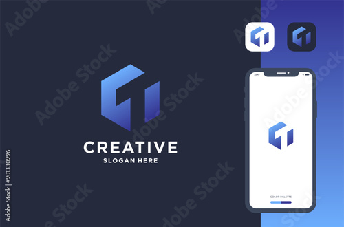 hexagon letter t bold logo design
