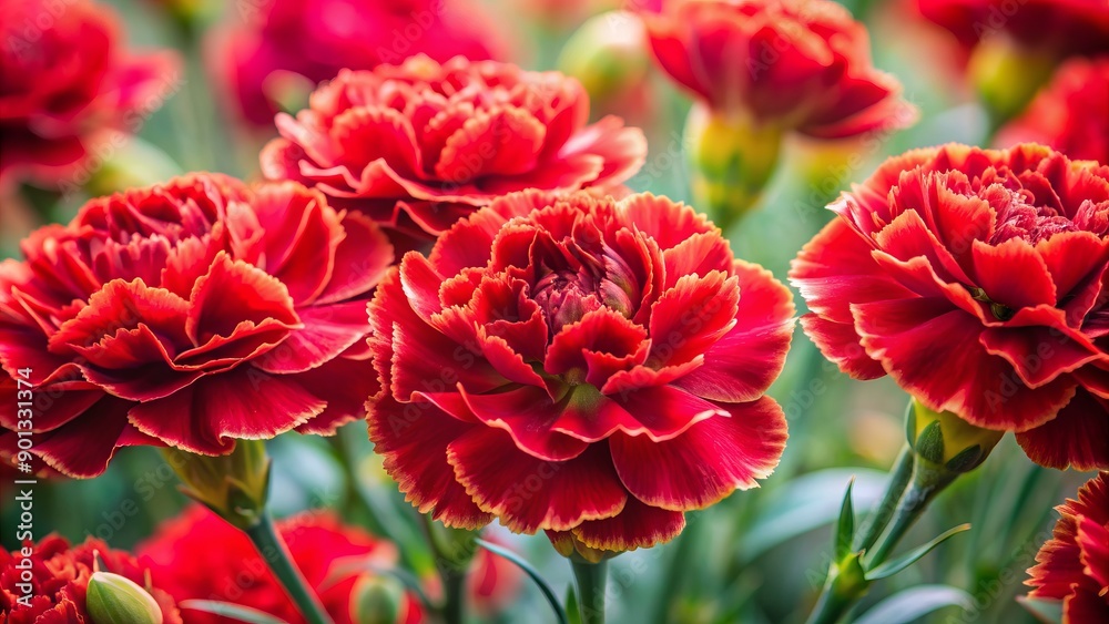 Vibrant red carnations with delicate, ruffled petals and golden centers bloom against a soft, natural background, capturing the essence of spring's arrival in a stunning close-up. Vibrant red carnations with delicate, ruffled petals and golden centers bloom against a soft, natural background, capturing the essence of spring's arrival in a stunning close-up.